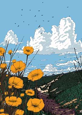 Poppy Field Landscape Illustration