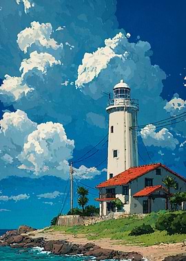 Coastal Lighthouse with House and Clouds