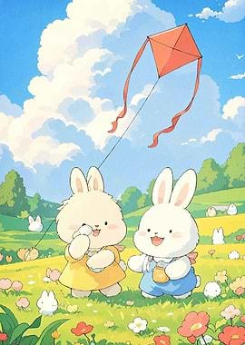 Cute Bunnies Flying a Kite