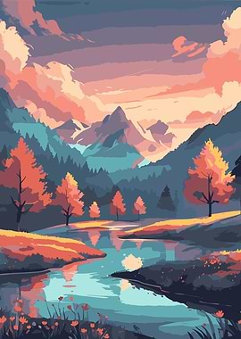 Autumn Landscape with Mountain And Trees Reflection