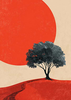 Minimalist Tree and Sun Landscape Art