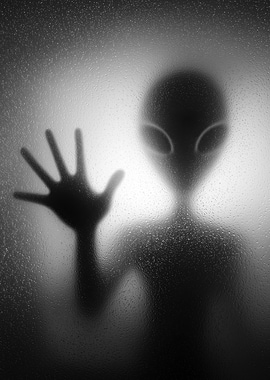 Alien silhouette behind frosted glass pressing hand