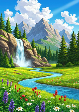 Lush Mountain Landscape with Waterfall