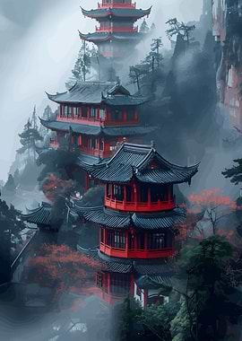 Asian Pagodas in Misty Landscape