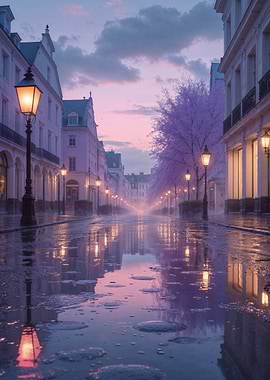 Pastel Dawn Reflections on a Rainy Paris Street