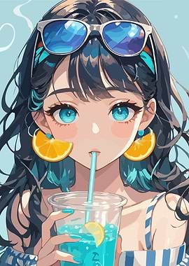Anime Girl with Blue Drink