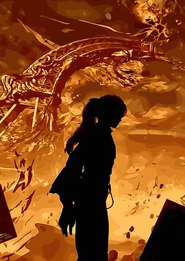 Silhouette in a fiery landscape