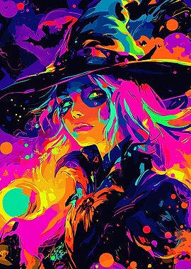 Cyber Halloween Witch – Vibrant Sorceress Fantasy Art