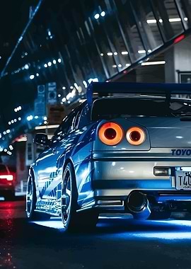 Blue Nissan Skyline R34 Rear View