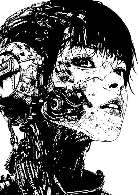 Cyborg Woman Black and White Portrait