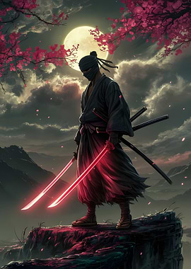 Ninja with Glowing Swords Under Moonlight