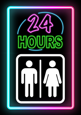 Neon 24 Hours Restroom Sign