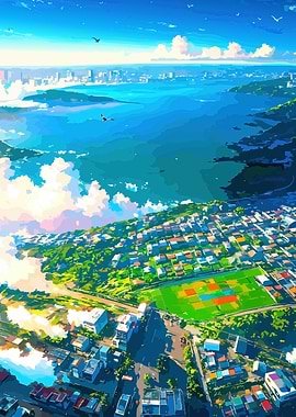 Anime-Style Coastal Cityscape