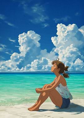 Girl on the beach anime style