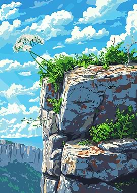 Cliffside Bloom Under Cloudy Sky