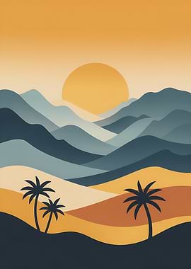 Minimalist Tropical Landscape with Palm Trees