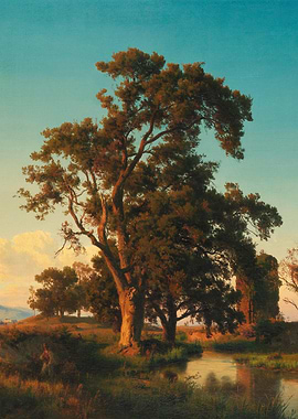 Landscape painting with trees and river