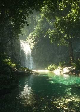 Lush Waterfall in a Tropical Forest