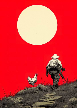 Soldier, Chicken, and Red Sun