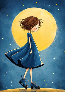 Girl in Blue Dress and Moon