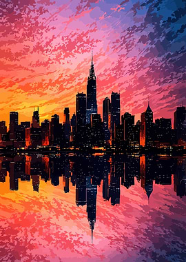 Cityscape Reflection at Sunset