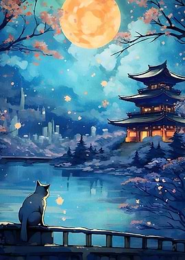 Cat Japanese landscape