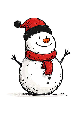 Cartoon Snowman with Red Hat and Scarf