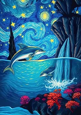 Dolphins Starry Night Sky