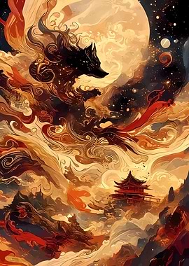 Asian Landscape with Wolf and Temple