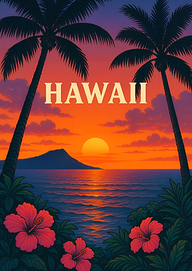 Hawaii Sunset Palm Trees and Hibiscus