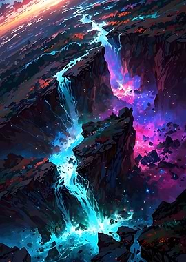 Fantasy Waterfall Landscape with Cosmic Elements