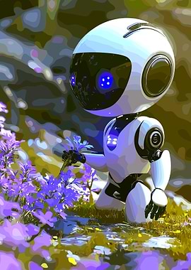 Robot with Flower in Nature