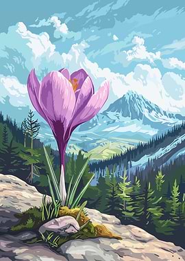Crocus Flower in Mountain Landscape