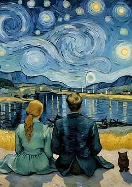 Starry Night Couple with Cat