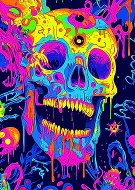Neon Skull Dripping - Cyberpunk Halloween Skull