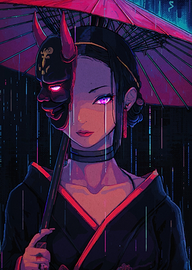 Woman with Oni Mask in Rain