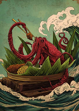 Octopus eating noodles in a basket