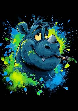 Cartoon Rhino with Paintbrush
