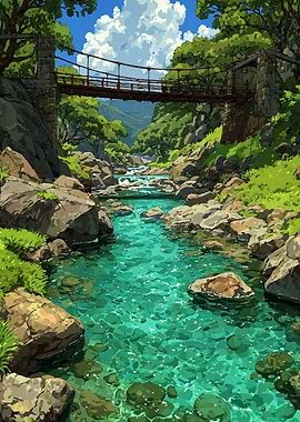 Scenic River Landscape with Suspension Bridge