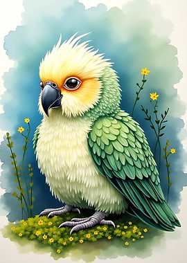 Watercolor Parrot with Yellow Flowers