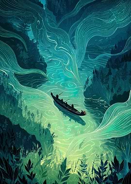 Canoe on River, Abstract Landscape