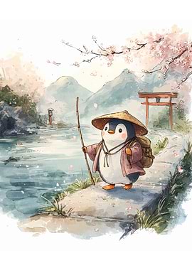 Penguin Traveler in Japanese Landscape