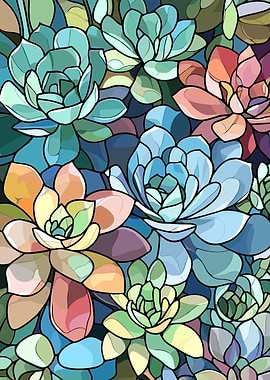 Succulent Plants Stained Glass Style Art