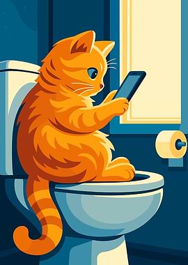 Cat on Toilet Using Smartphone