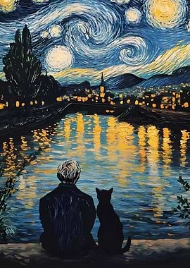 Man and Cat Starry Night Painting