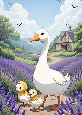 Goose Ducklings Lavender Field