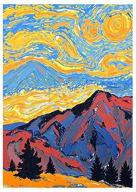 Mountain Landscape Painting with Swirling Sky