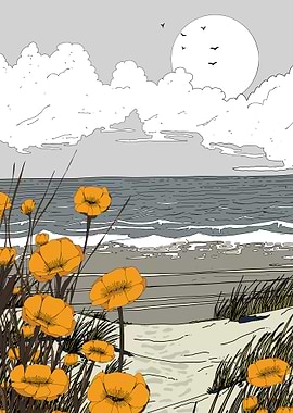 Beach with Orange Flowers Illustration