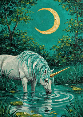 Unicorn Drinking Under Crescent Moon Painting