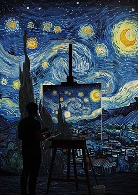 Starry Night Painting with Artist Silhouette